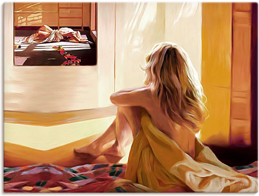 Artland Artprint Blond meisje zit op het bed als artprint van aluminium artprint voor buiten artprint op linnen in verschillende maten