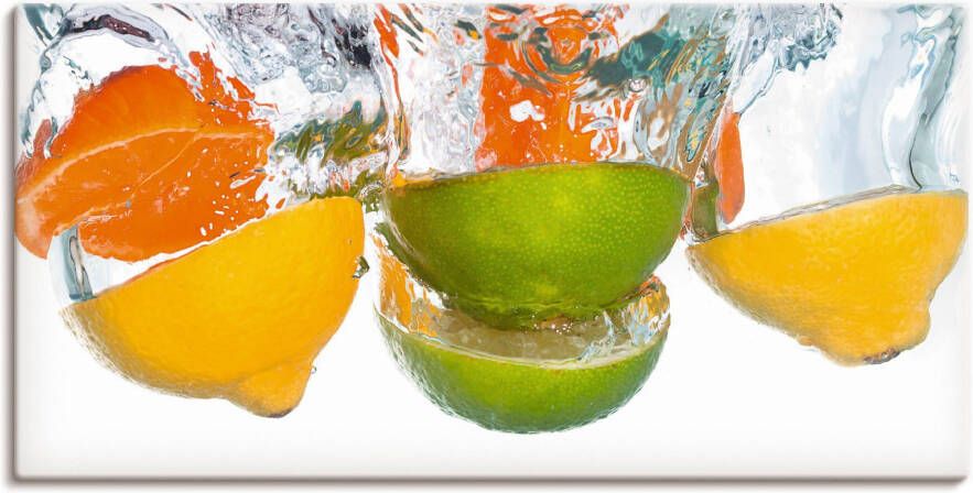 Artland Artprint Citrusvruchten vallen in helder water als artprint op linnen poster muursticker in verschillende maten