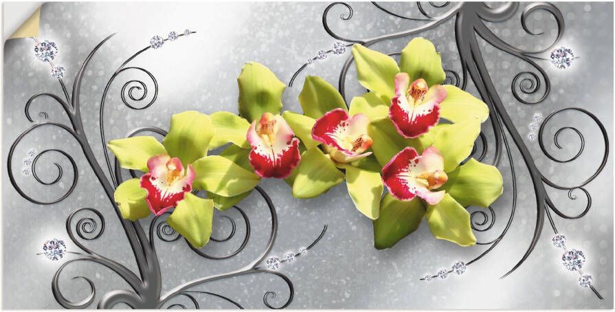 Artland Artprint Groene orchideeën op ornamenten als artprint van aluminium artprint voor buiten artprint op linnen poster muursticker