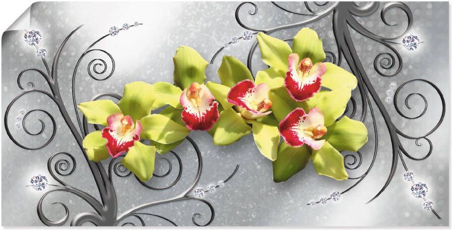 Artland Artprint Groene orchideeën op ornamenten als artprint van aluminium artprint voor buiten artprint op linnen poster muursticker