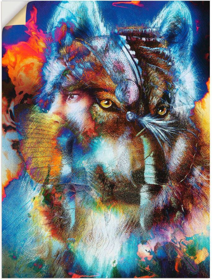 Artland Artprint Indiase Krijger met wolf als artprint op linnen poster muursticker in verschillende maten