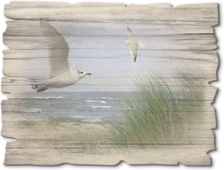 Artland Artprint op hout Noordzeestrand met meeuwen - Foto 4