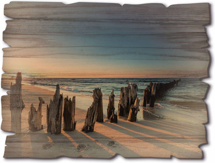 Artland Artprint op hout Zonsondergang strand golfbreker - Foto 4