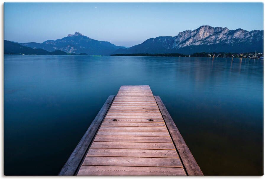 Artland Artprint op linnen Houten steiger met het oog op de Mondsee