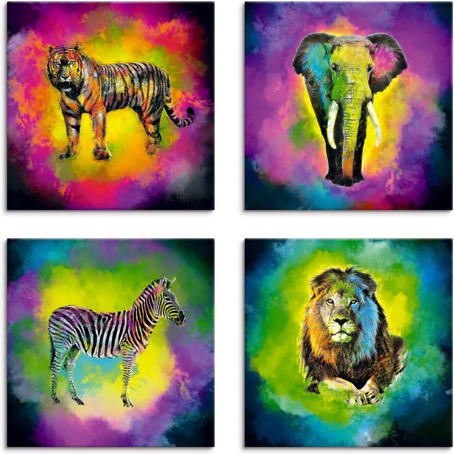 Artland Artprint op linnen Kleurexplosie olifant leeuw zebra tijger (4-delig) - Foto 3
