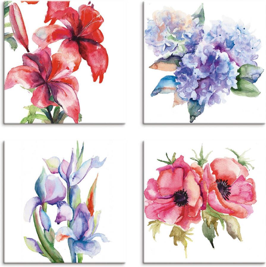 Artland Artprint op linnen Lelies klaprozen iris hortensia's (4-delig)