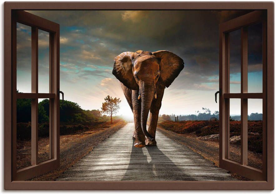Artland Artprint op linnen Olifant op straat bruine venster - Foto 4