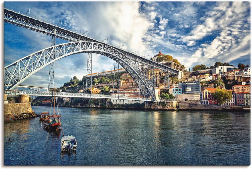 Artland Artprint op linnen Panorama Porto met Eiffel brug