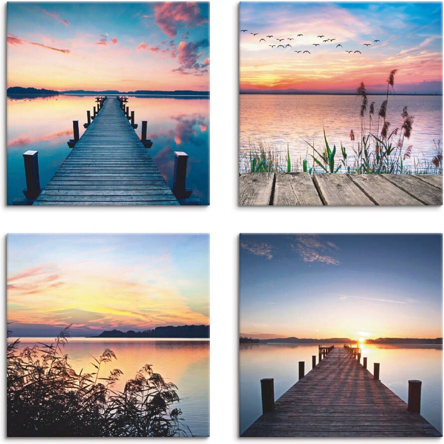 Artland Artprint op linnen Pier meer avondrood riet zonnestralen (4-delig) - Foto 3