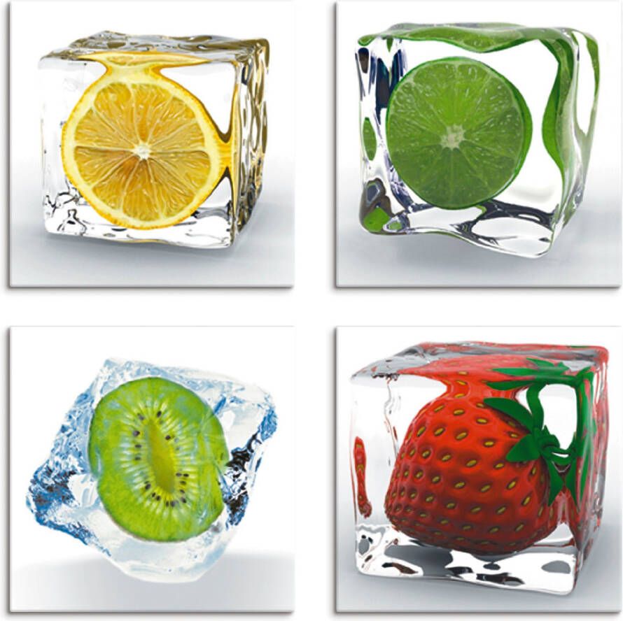 Artland Artprint op linnen Vruchten in ijsblokje set van 4 verschillende maten (4-delig)