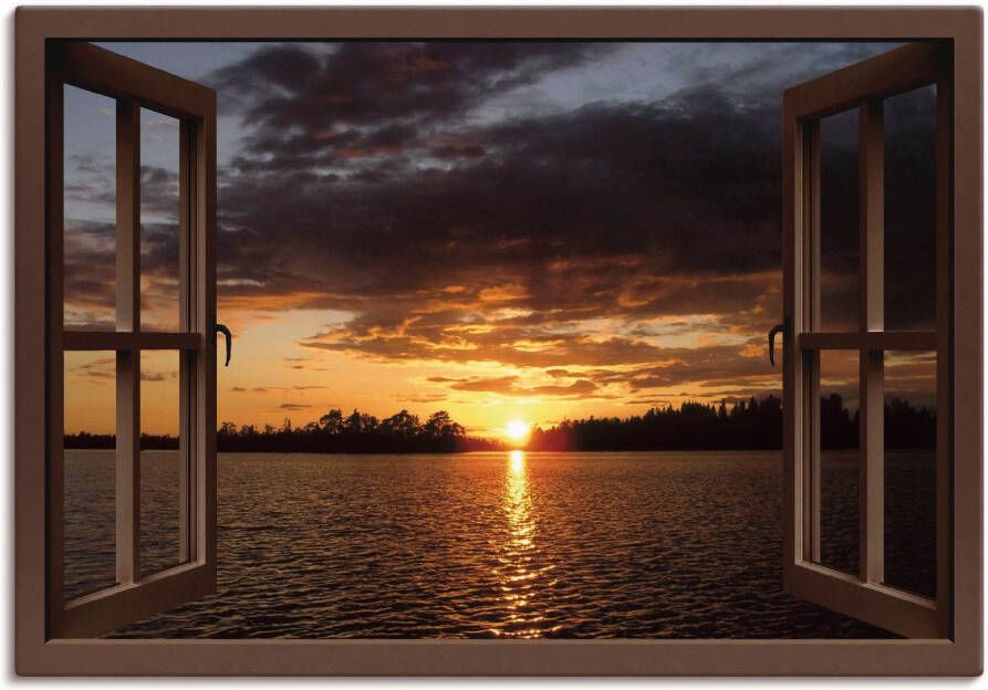 Artland Artprint op linnen Zonsondergang aan het meer met raam