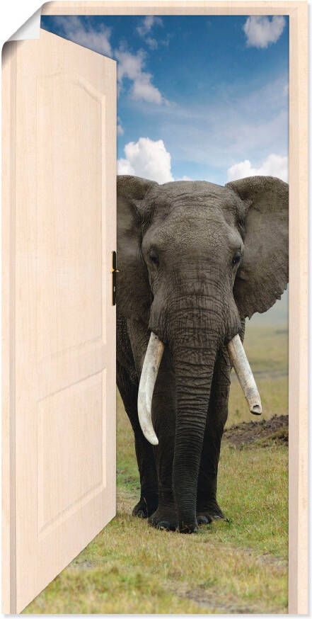 Artland Artprint Open witte deur met blik op olifant als artprint op linnen poster muursticker in verschillende maten - Foto 4