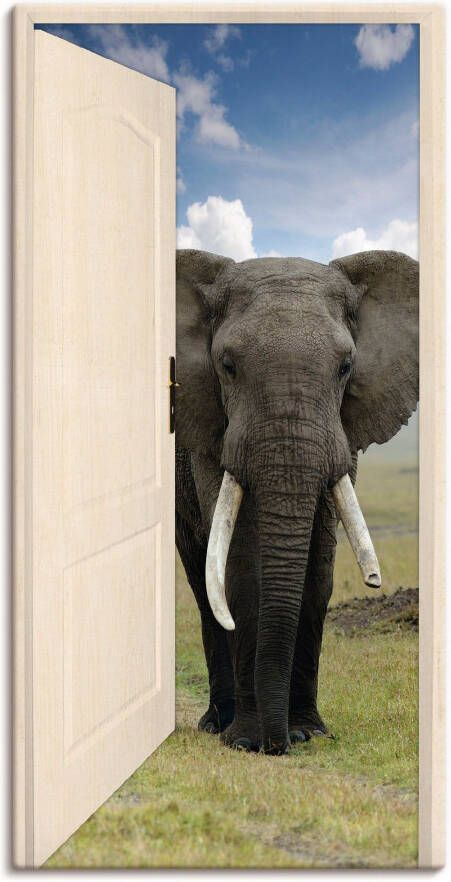 Artland Artprint Open witte deur met blik op olifant als artprint op linnen poster muursticker in verschillende maten