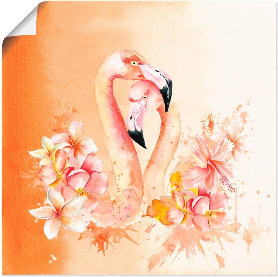 Artland Artprint Oranje flamingo In Love- illustratie als artprint op linnen poster in verschillende formaten maten