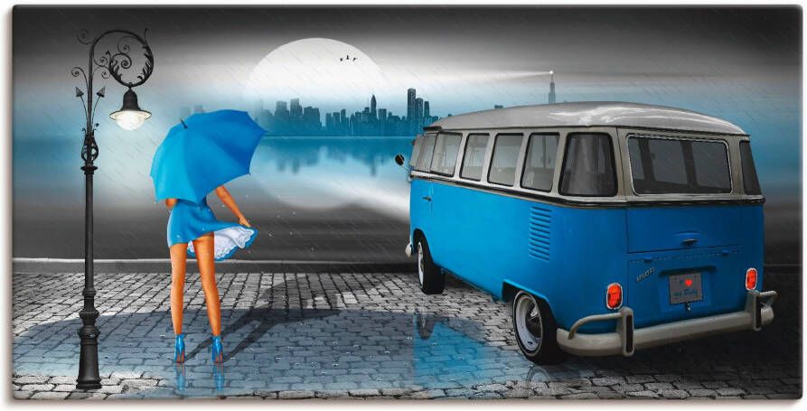 Artland Artprint Regennacht in blauw met Bulli T1 als artprint op linnen poster muursticker in verschillende maten - Foto 3