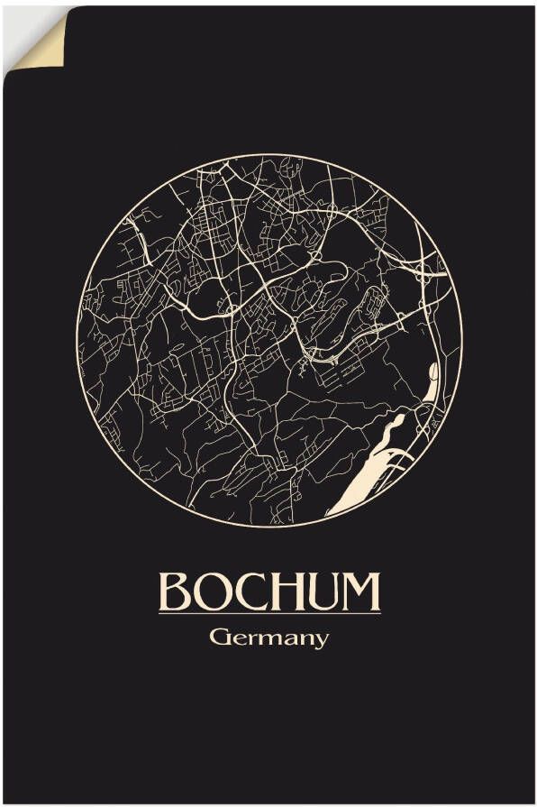 Artland Artprint Retro kaart Bochum Duitsland cirkel als artprint van aluminium artprint op linnen muursticker of poster in verschillende maten