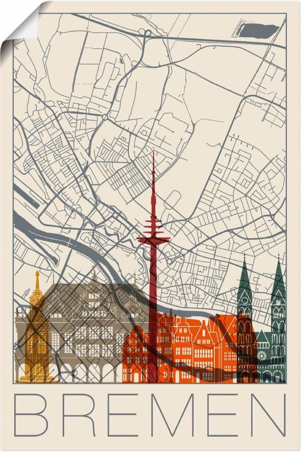 Artland Artprint Retro kaart Bremen als artprint van aluminium artprint voor buiten poster in diverse formaten - Foto 4