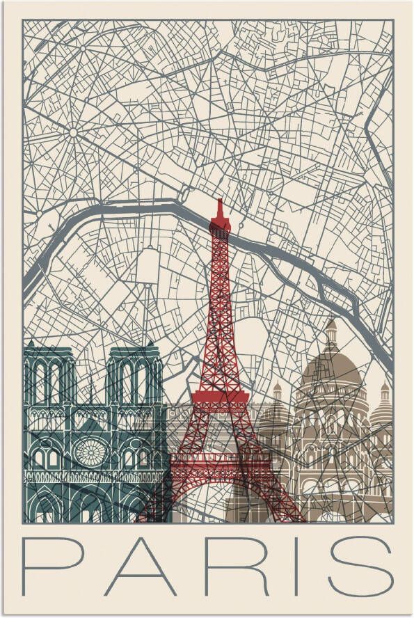 Artland Artprint Retro kaart Parijs Frankrijk en skyline als artprint van aluminium artprint voor buiten poster in diverse formaten - Foto 1