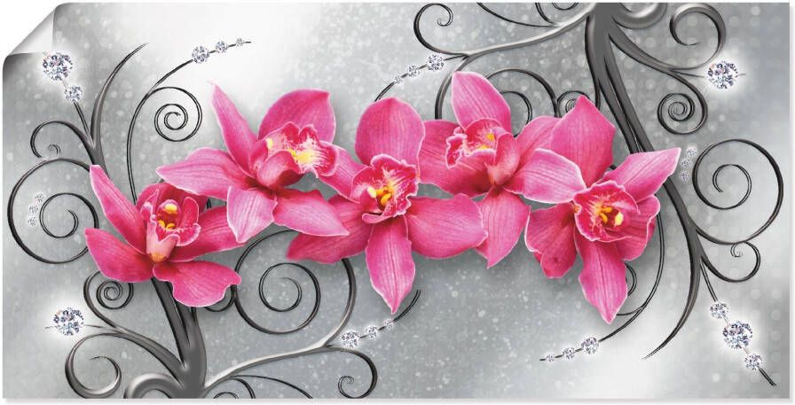 Artland Artprint Roze pioenrozen in glazen vaas Roze orchideeën op ornamenten als artprint van aluminium artprint voor buiten artprint op linnen poster muursticker - Foto 4