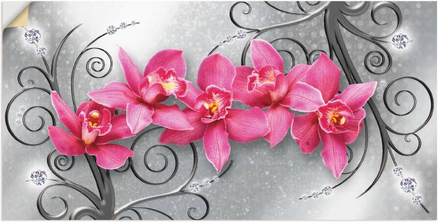 Artland Artprint Roze pioenrozen in glazen vaas Roze orchideeën op ornamenten als artprint van aluminium artprint voor buiten artprint op linnen poster muursticker - Foto 4