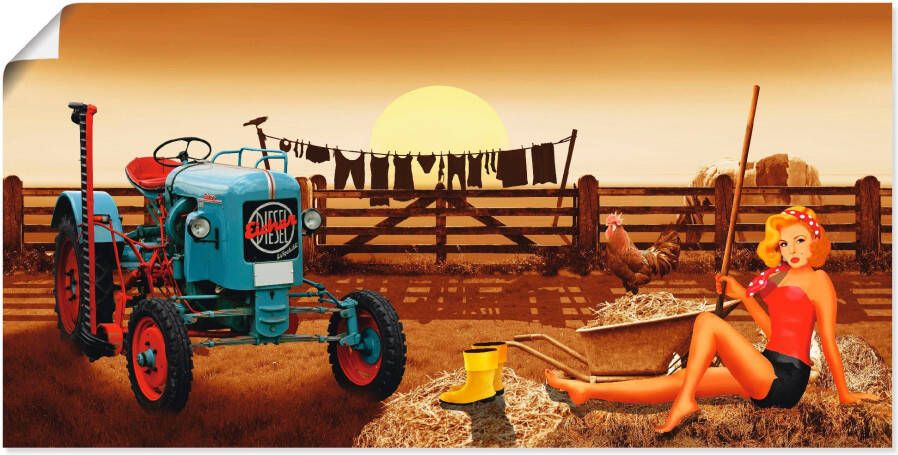Artland Poster Pin-upgirl met tractor op boerderij als artprint van aluminium artprint op linnen muursticker of poster in verschillende maten