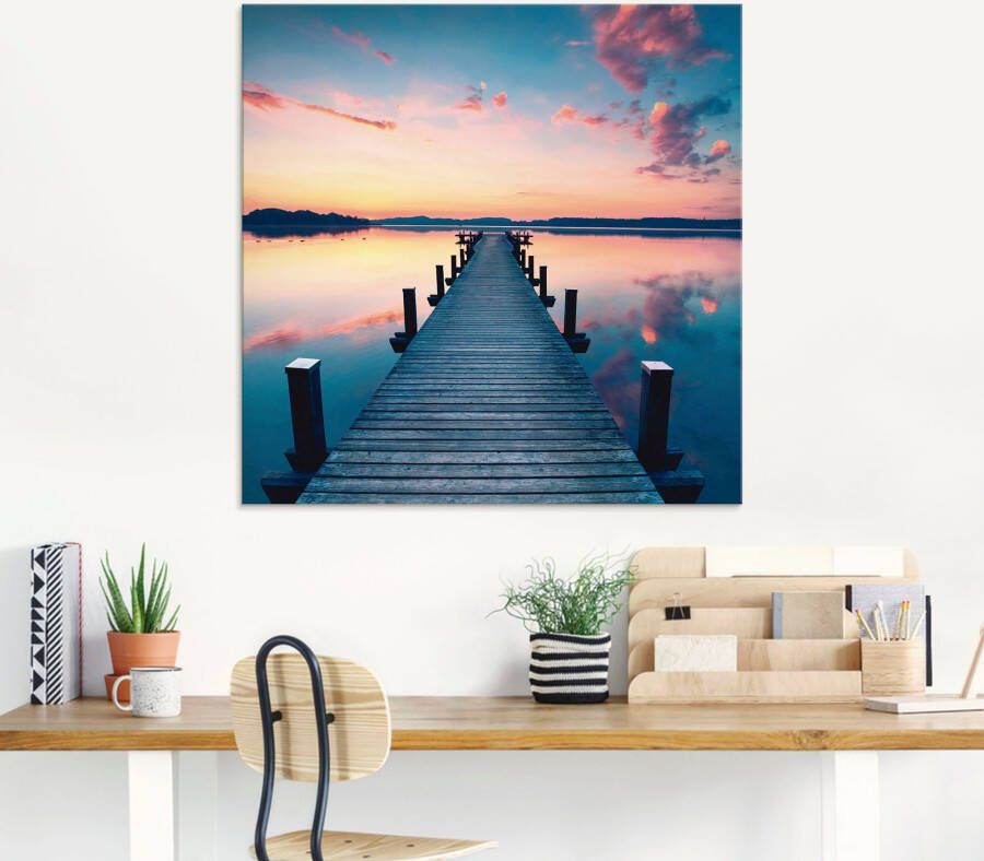 Artland Print op glas Lange pier aan het meer in zonsopkomst - Foto 4