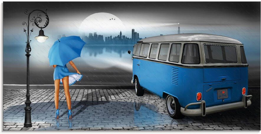 Artland Print op glas Regenacht in blauw met camper T1