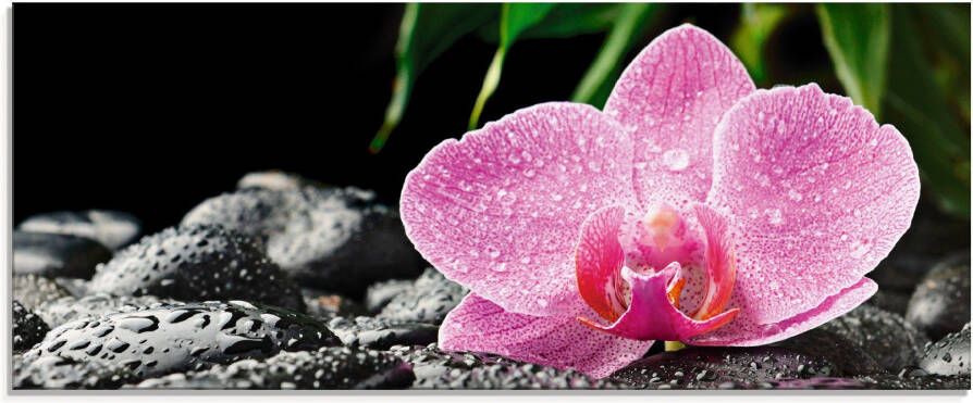 Artland Print op glas Roze orchidee op zwarte zen stenen - Foto 3