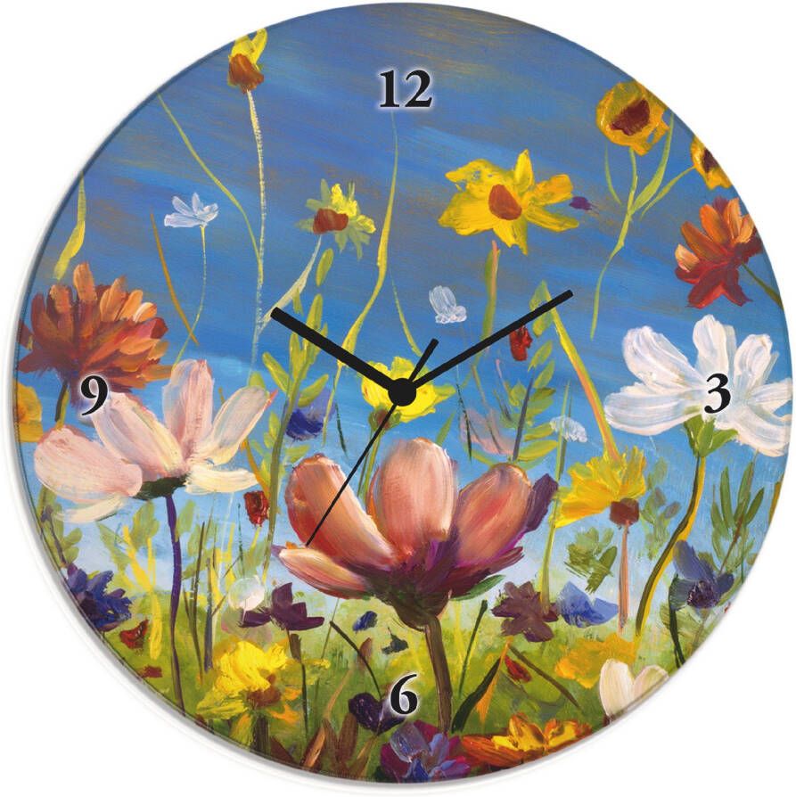 Artland Wandklok Glazen klok rond weide met wilde bloemen optioneel verkrijgbaar met kwarts- of radiografisch uurwerk geruisloos zonder tikkend geluid - Foto 4