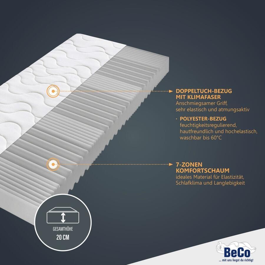 Beco Comfortschuimmatras Double Deluxe matras 20 matras in 90x200 cm en andere afm Matras door de TÜV SÜD getest* meer dan 2.000 5-sterren-beoordelingen! hoogte 20 cm