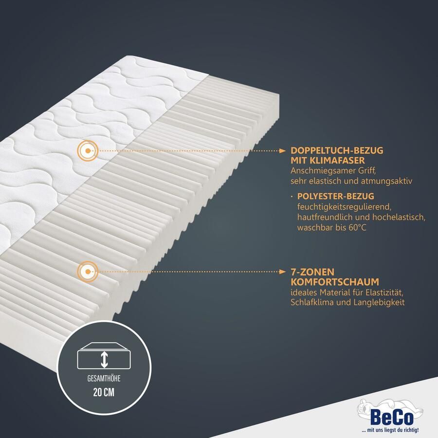 Beco Comfortschuimmatras Double Deluxe matras 20 matras in 90x200 cm en andere afm Matras door de TÜV SÜD getest* meer dan 2.000 5-sterren-beoordelingen! hoogte 20 cm - Foto 2