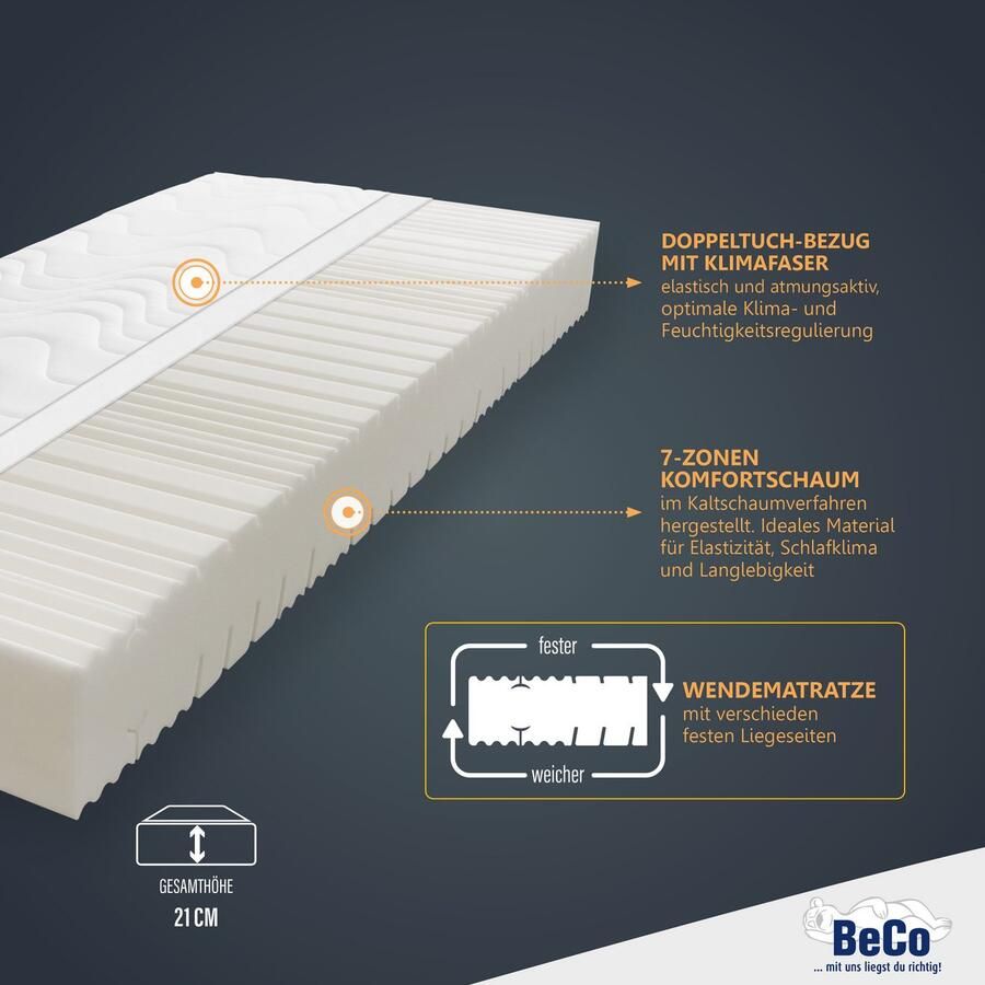 Beco Comfortschuimmatras Medistar KS matras koudschuim-gevoel 90x200 cm 140x200 cm Getest met 1* "ZEER GOED" & beoordeeld als**Duitsland Favoriet 2024 hoogte 21 cm - Foto 2