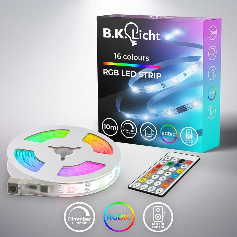 B.K.Licht Led-strip RGBIC LED strip 10 m met muzieksensor Lichtstrip band met kleurverandering met afstandsbediening zelfklevend (1 stuk) - Foto 9