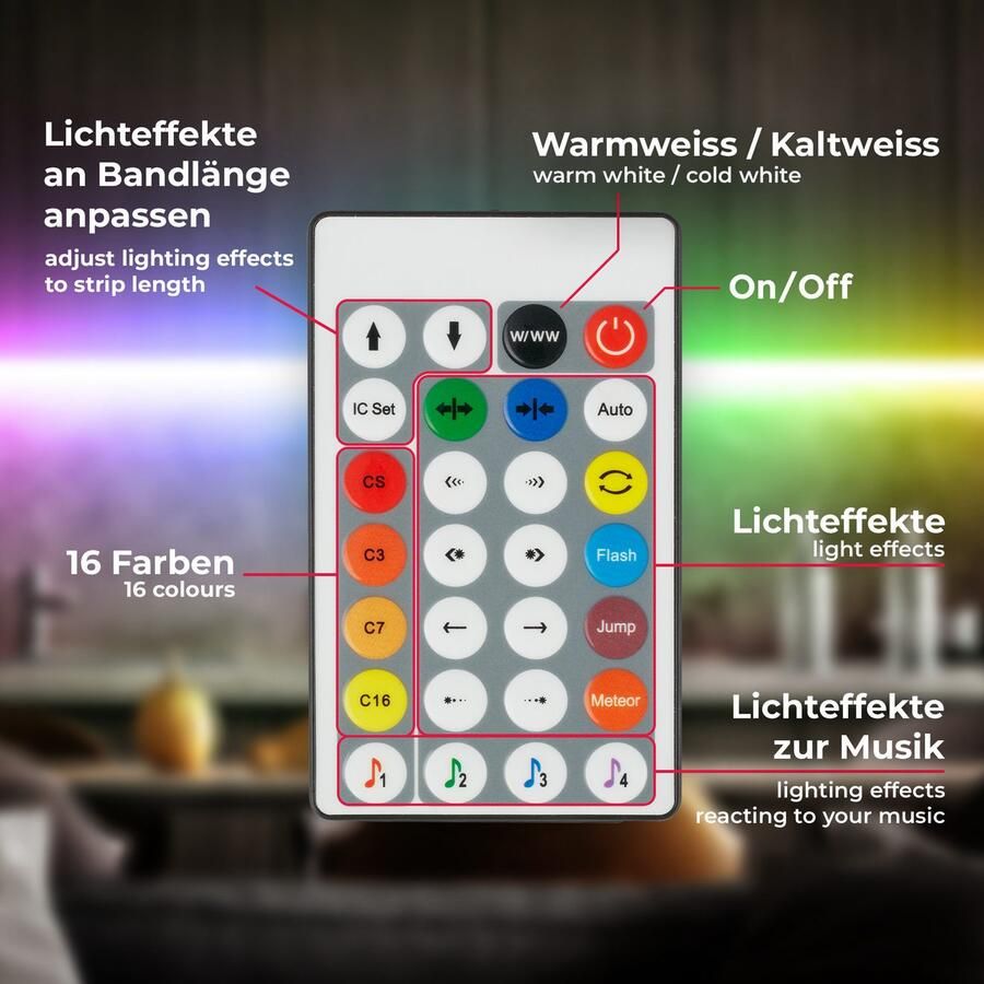 B.K.Licht Led-strip RGBIC LED strip 10 m met muzieksensor Lichtstrip band met kleurverandering met afstandsbediening zelfklevend (1 stuk) - Foto 2