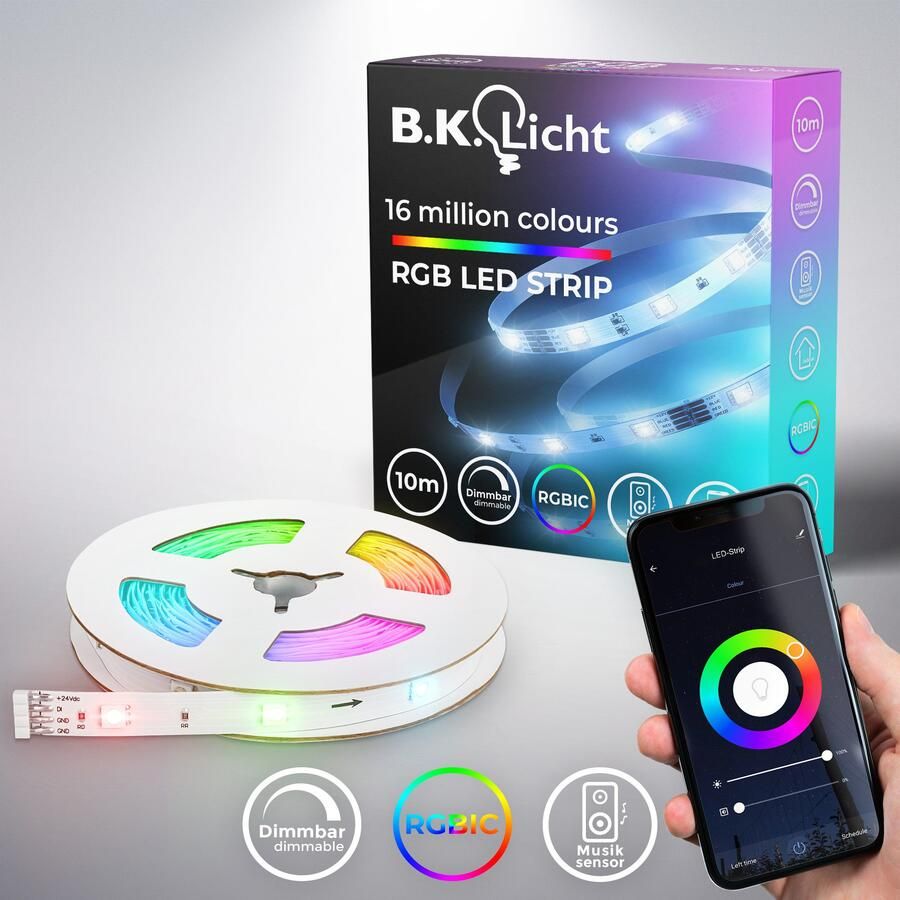 B.K.Licht Led-strip Wifi RGBIC LED strip 10 m met app-besturing Lichtstrip met muzieksensor slim LED band zelfklevend (1 stuk) - Foto 9