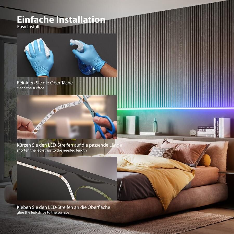 B.K.Licht Led-strip Wifi RGBIC LED strip 10 m met app-besturing Lichtstrip met muzieksensor slim LED band zelfklevend (1 stuk) - Foto 7
