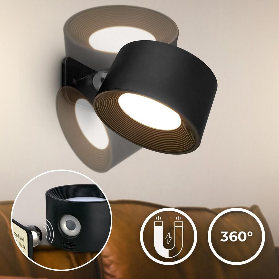 B.K.Licht Led-wandlamp BKL1597 Magnetische accu wandlamp 3-niveau dimmer met USB-C CCT-functie 150Lm 2W 14h brandduur 4 5 x 8 x 9 5 cm Zwart (1 stuk) - Foto 3