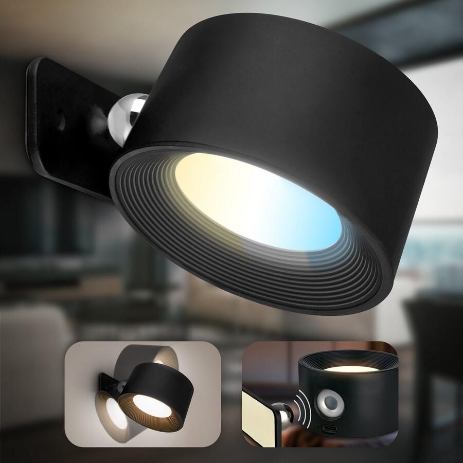 B.K.Licht Led-wandlamp BKL1597 Magnetische accu wandlamp 3-niveau dimmer met USB-C CCT-functie 150Lm 2W 14h brandduur 4 5 x 8 x 9 5 cm Zwart (1 stuk) - Foto 4