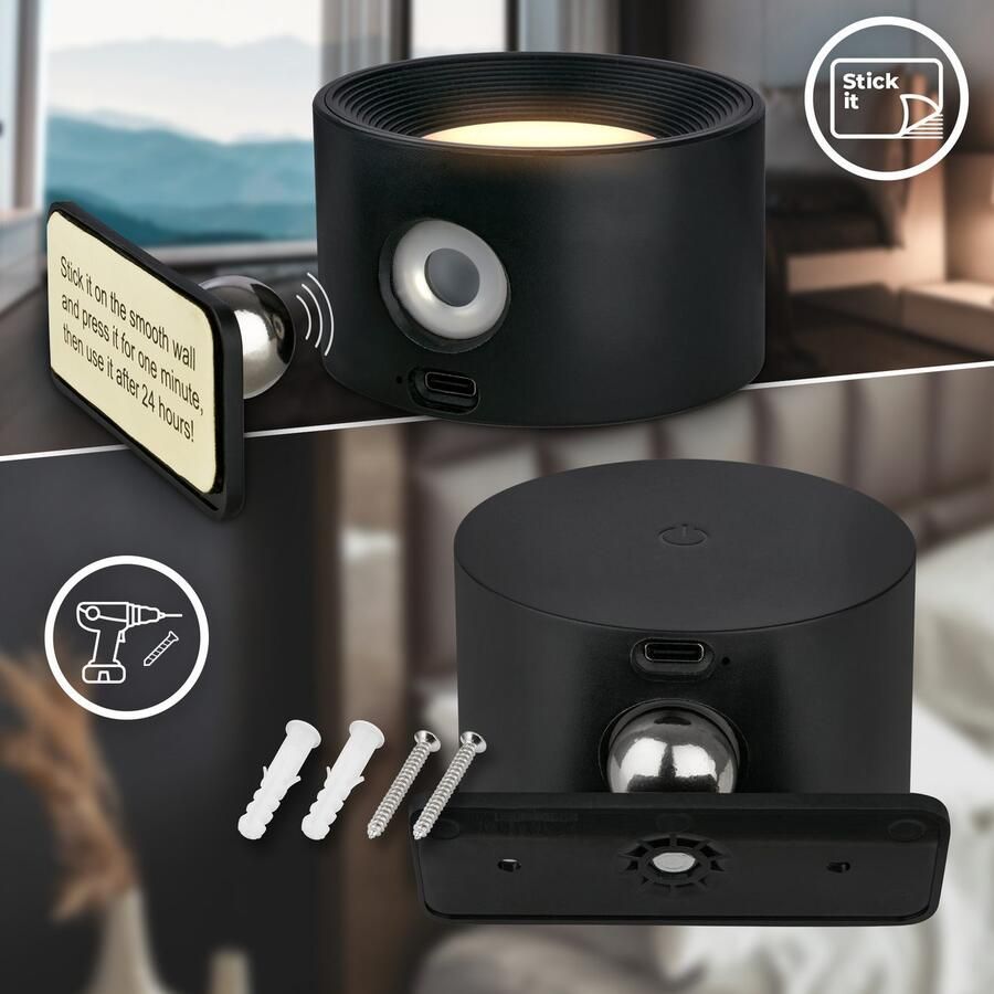 B.K.Licht Led-wandlamp BKL1597 Magnetische accu wandlamp 3-niveau dimmer met USB-C CCT-functie 150Lm 2W 14h brandduur 4 5 x 8 x 9 5 cm Zwart (1 stuk) - Foto 5