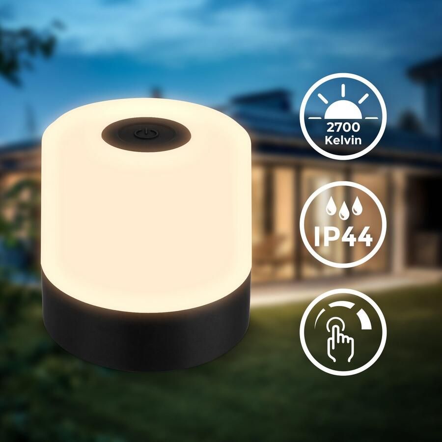 B.K.Licht Tafellamp voor buiten BK_TL1588 Accu LED tafellamp 3-niveau touchdimmer met USB 2.700 k 150 lm 2w ingebouwde batterij ip44 7x7 cm zwart (1 stuk) - Foto 2