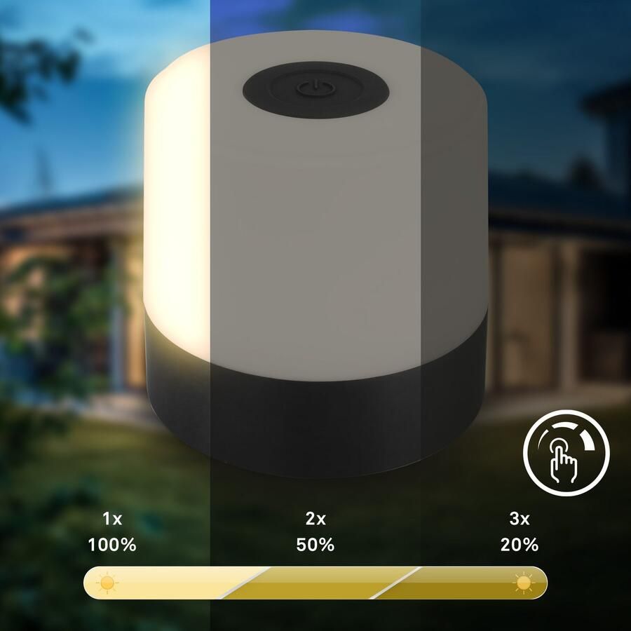 B.K.Licht Tafellamp voor buiten BK_TL1588 Accu LED tafellamp 3-niveau touchdimmer met USB 2.700 k 150 lm 2w ingebouwde batterij ip44 7x7 cm zwart (1 stuk) - Foto 4