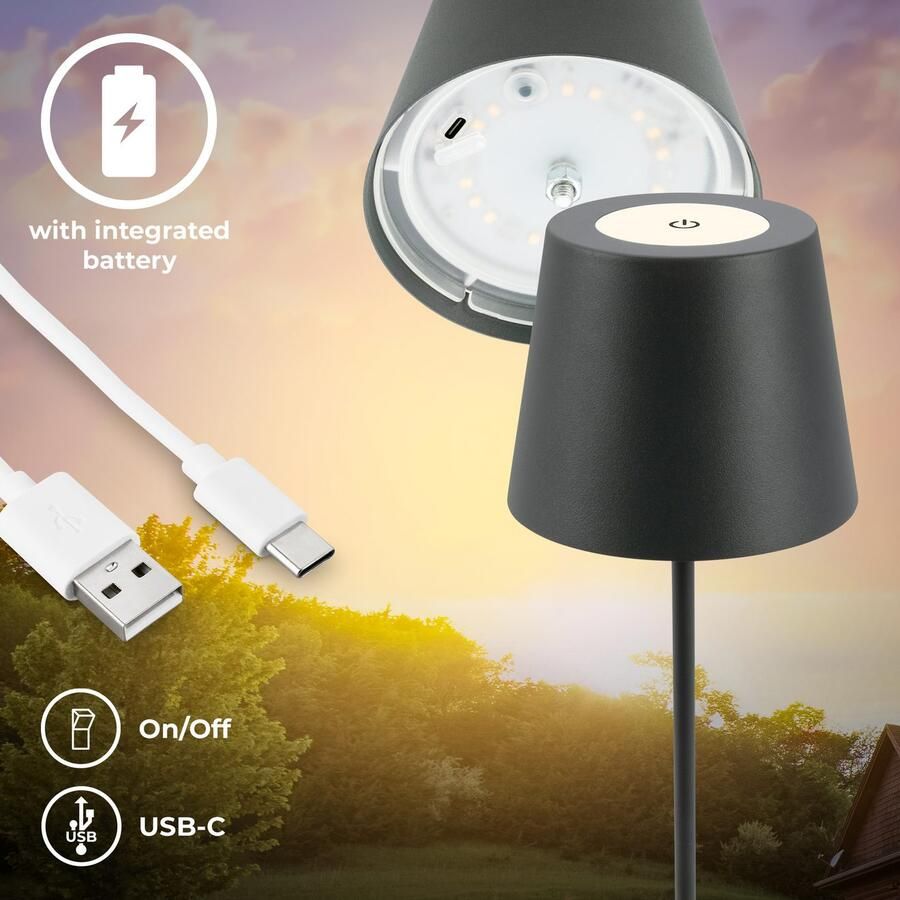B.K.Licht Tafellamp voor buiten BK_TL1593 Accu LED tafellamp 3-niveau touchdimmer met USB 2.700 k 200 lm 2 5w ip44 12h brandduur 36 x 10 5 cm antraciet (1 stuk) - Foto 5