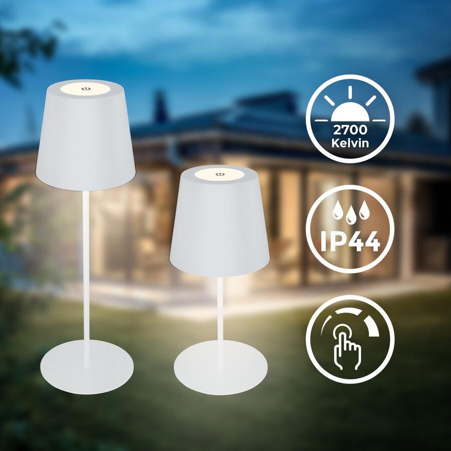 B.K.Licht Tafellamp voor buiten BK_TL1594 Accu LED tafellamp 3-niveau touchdimmer met USB 2.700 k 200 lm 2 5w ip44 12h brandduur 36 x 10 5 cm wit (1 stuk) - Foto 3