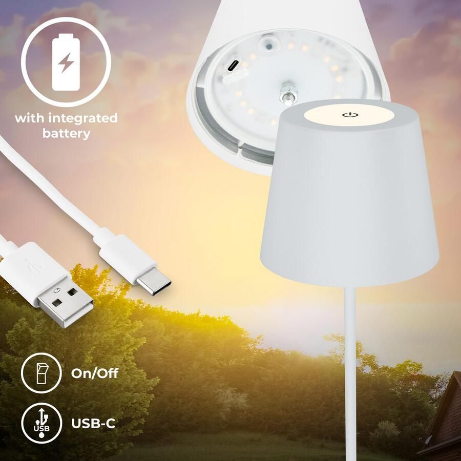 B.K.Licht Tafellamp voor buiten BK_TL1594 Accu LED tafellamp 3-niveau touchdimmer met USB 2.700 k 200 lm 2 5w ip44 12h brandduur 36 x 10 5 cm wit (1 stuk) - Foto 5