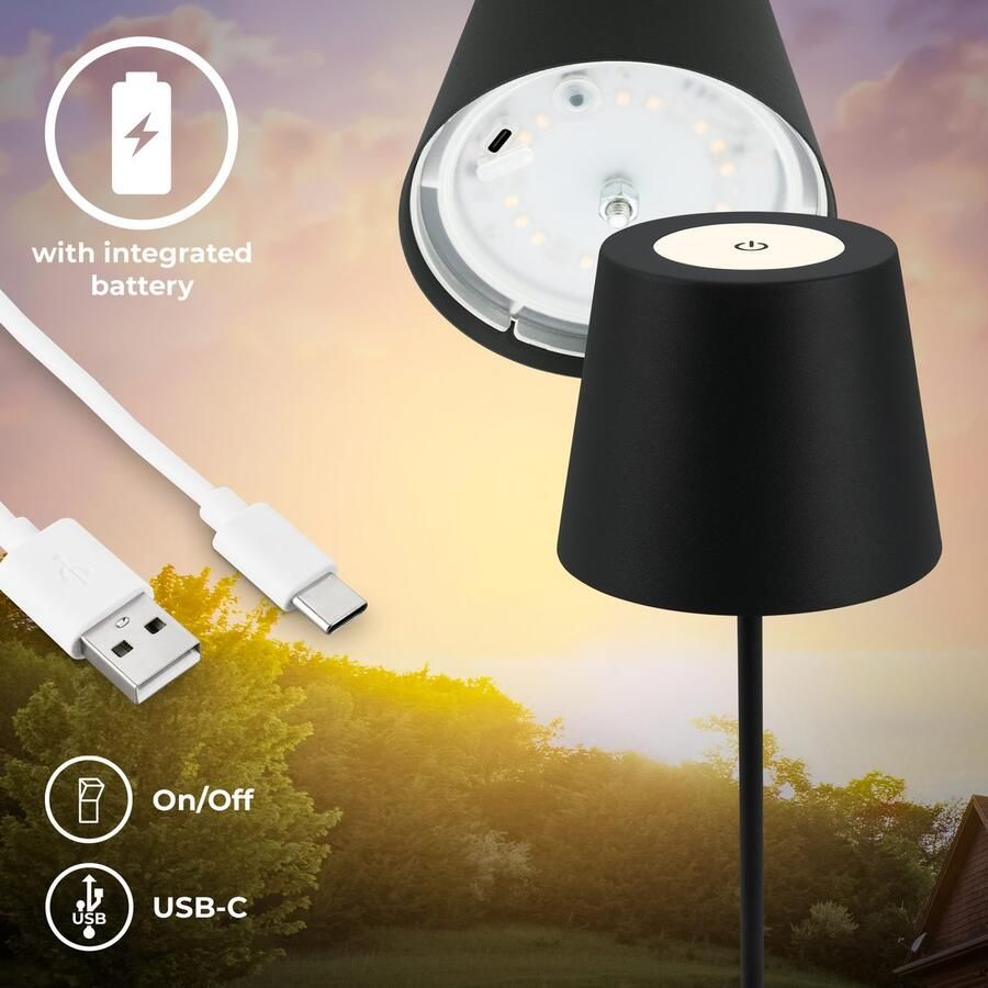 B.K.Licht Tafellamp voor buiten BK_TL1595 Accu LED tafellamp 3-niveau touchdimmer met USB 2.700 k 200 lm 2 5w ip44 12h brandduur 36 x 10 5 cm zwart (1 stuk) - Foto 4