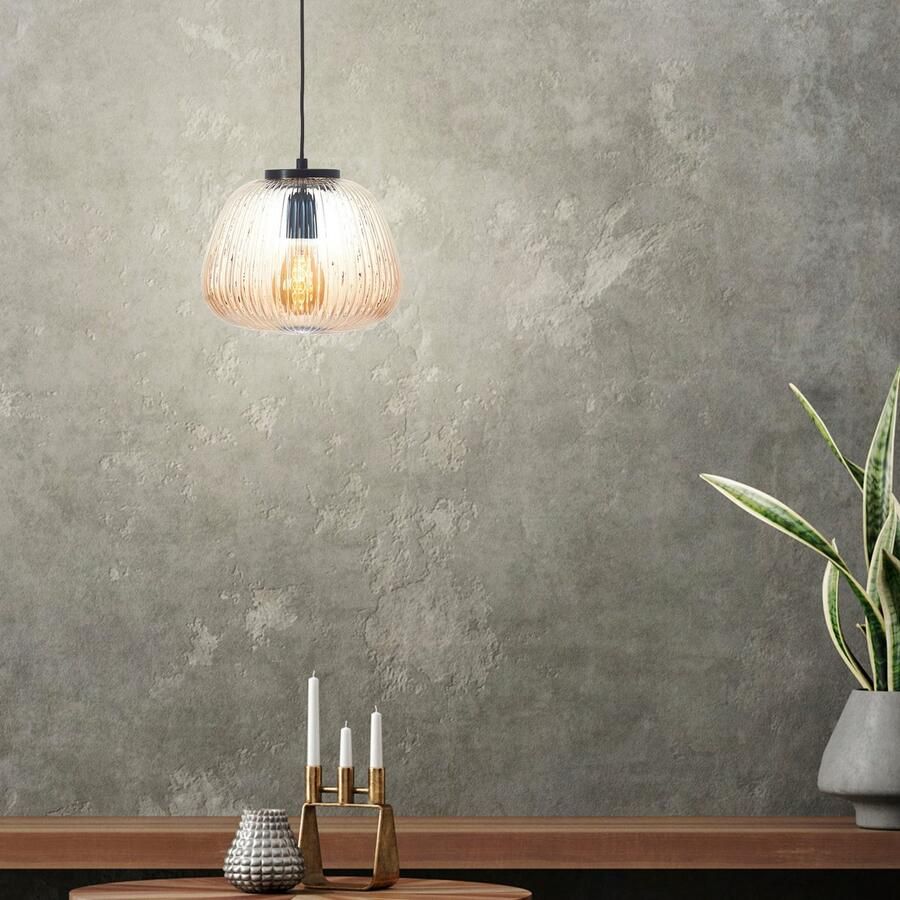 Brilliant Leuchten Hanglamp Kaizen Gegolfd glas D 25 cm E27 inkortbaar amber-barnsteenkleuren
