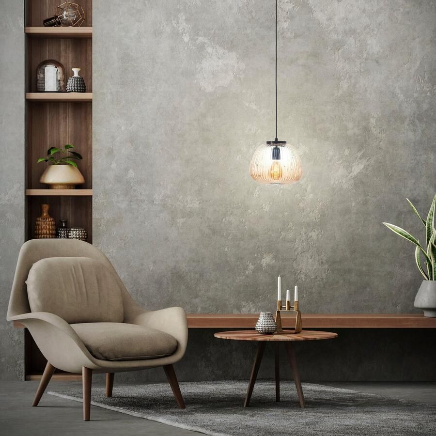 Brilliant Leuchten Hanglamp Kaizen Gegolfd glas D 25 cm E27 inkortbaar amber-barnsteenkleuren - Foto 2