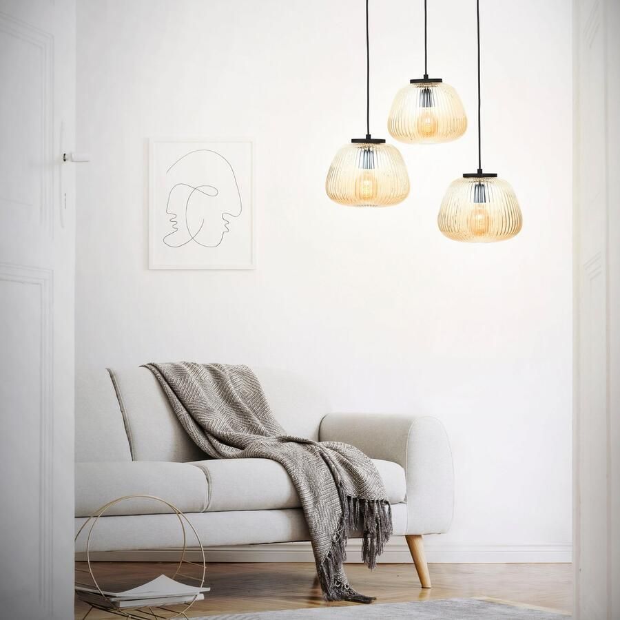 Brilliant Leuchten Hanglamp Kaizen Gegolfd glas D 40 cm E27 inkortbaar amber-barnsteenkleuren