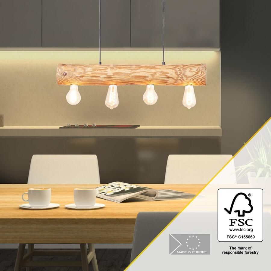 Brilliant Leuchten Hanglamp TRABO 105 cm hoogte 70 cm breedte 4 x e27 in te korten hout metaal grenen gebeitst (1 stuk) - Foto 3