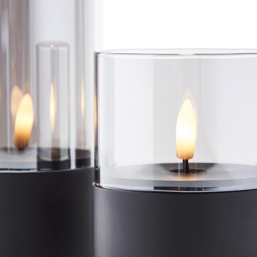Brilliant Bougie LED Buiten Tafellamp 3-delige Set – Zwart Rookglas Hoogte 10 12 5 15 cm Met Timerfunctie Moderne Sfeervolle LED Kaarsen voor in de Tuin & op het Balkon